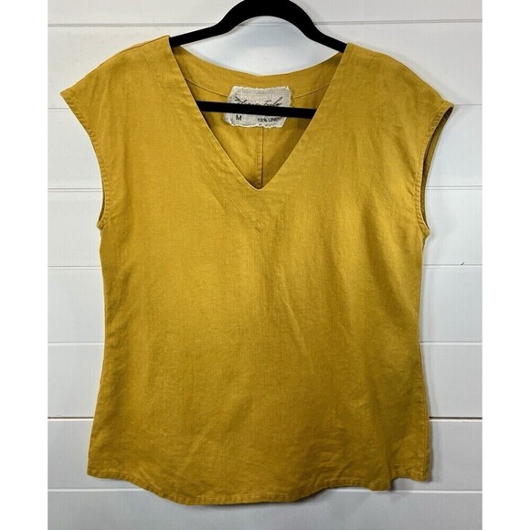 Linen Feels Tops - Linen Feels Spells Of Nature Womens Linen Boxy Top M Minimalist Mustard Beach